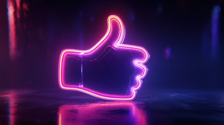 This striking image features a glowing neon hand symbol with a thumbs-up gesture, reflecting a modern and artistic vibe across a sleek dark background.の素材