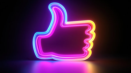 A vibrant neon thumb-up gesture radiating positive vibes, perfect for modern art, digital media, and creative projects. A stunning visual representation of approval.の素材