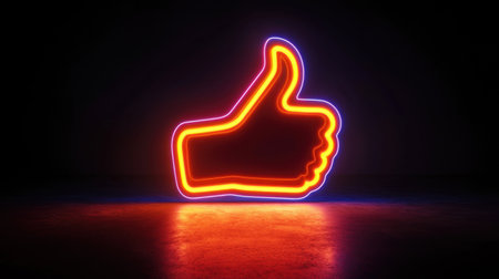 A striking neon thumbs up sign illuminates a dark background, symbolizing approval and positivity. This vibrant design is perfect for modern digital communication themes.の素材