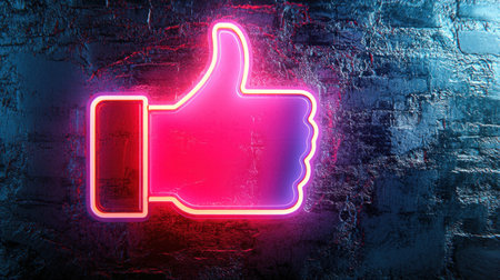 A vibrant neon sign depicting a thumbs up is displayed against a textured wall, creating a modern and artistic atmosphere filled with positivity.の素材