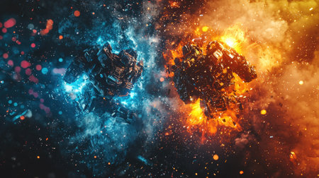 This striking image showcases a dramatic clash between fiery and icy elements in a futuristic setting. The vibrant colors and intense visual effects create a captivating scene that embodies energy and power.の素材
