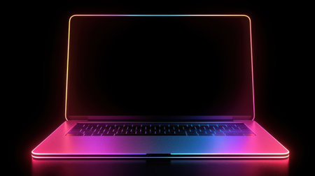 A sleek laptop adorned with vivid neon lighting, set against a minimalist dark background, representing innovation in technology and modern digital aesthetics.の素材