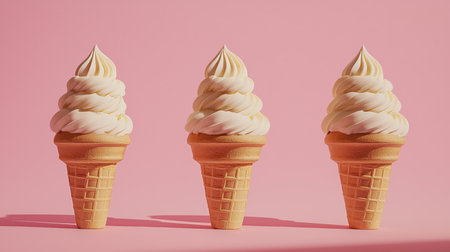 Enjoy a vibrant display of three ice cream cones topped with whipped cream against a pink background, perfect for summer and dessert enthusiasts.の素材