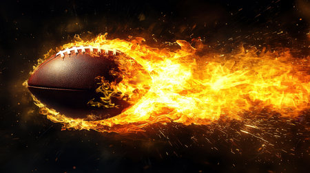 A captivating image of a football engulfed in flames, capturing the moment of intense motion with fiery trails against a dark backdrop, perfect for sports themes.の素材