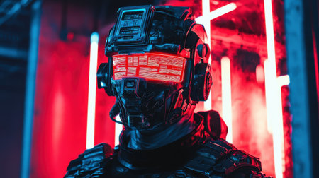 This striking image captures a futuristic cyborg soldier with a glowing visor and high-tech armor, set against a vibrant neon-lit backdrop, evoking a sci-fi atmosphere.の素材