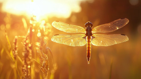 A stunning dragonfly hovers gracefully in golden sunlight, framed by soft grass, capturing the essence of nature's beauty and tranquility in a mesmerizing scene.の素材