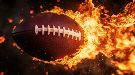 This striking image features an American football engulfed in flames, symbolizing energy and excitement in sports. Perfect for themes of competition and athleticism.の素材