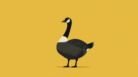 A whimsical and stylish illustration of a Canadian goose standing against a bright yellow background, showcasing elegance and simplicity in nature.の素材