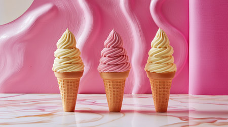 This vibrant image features three delightful ice cream cones, each topped with swirled cream in pastel colors, perfect for evoking summer joy.の素材
