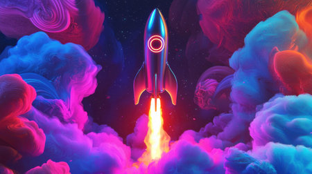 This vibrant digital artwork captures a rocket launching through swirling abstract clouds in a cosmic setting, evoking feelings of exploration and adventure.の素材