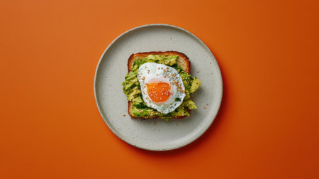 A beautifully presented slice of avocado toast topped with a fried egg on a minimalist plate, set against a bright orange backdrop. Perfect for breakfast or brunch.の素材