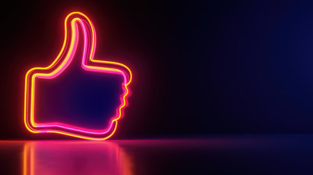 This captivating neon thumbs up symbol showcases vibrant colors against a dark backdrop, symbolizing positivity, approval, and modern expression.の素材