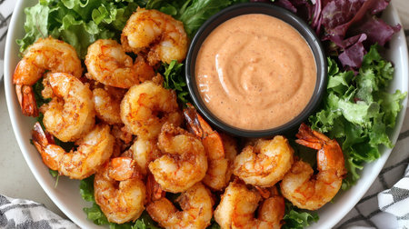 Delicious crispy shrimp paired with a spicy sauce, elegantly arranged on a platter of fresh greens and vibrant lettuce for a visually appealing meal.の素材