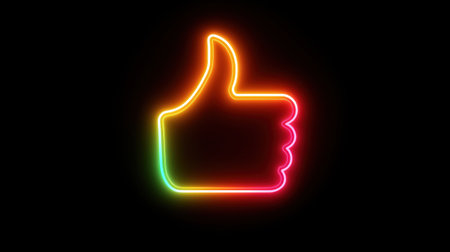 A vibrant neon thumbs up icon shines against a dark backdrop, perfect for social media themes, expressing positivity and engagement in a modern design.の素材