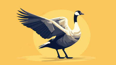 This illustration features a graceful Canada goose with its wings spread, showcasing a blend of colors against a bright yellow backdrop. The modern art style emphasizes the beauty of wildlife and nature.の素材
