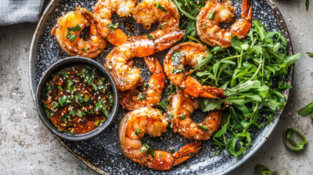 A mouthwatering display of grilled shrimp served with a spicy dipping sauce and fresh arugula. Perfect for seafood lovers or culinary enthusiasts.の素材