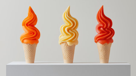 This image showcases three vibrant ice cream cones, featuring swirls of orange, yellow, and red, displayed on a sleek white pedestal. Perfect for summer themes!の素材