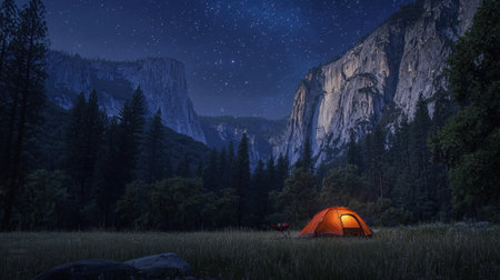 A stunning view of a cozy camping tent glowing under a clear starry night sky, surrounded by towering mountains and lush pine trees, offering a serene escape.の素材