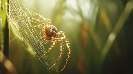 A stunning close-up image of a spider intricately spinning its web in a natural setting, showcasing vibrant colors and intricate details in soft sunlight.の素材