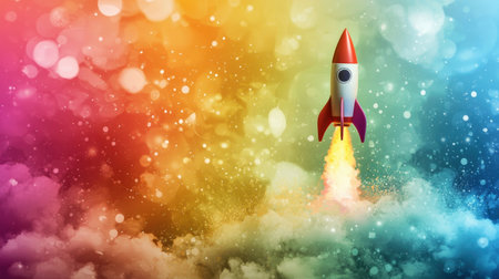 A vibrant image of a rocket launching into space, surrounded by a colorful background featuring soft bokeh effects. Perfect for themes of adventure and exploration.の素材