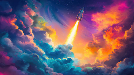A stunning illustration of a rocket launching into a colorful sky filled with dynamic clouds and sparkling stars, evoking a sense of adventure and possibility.の素材