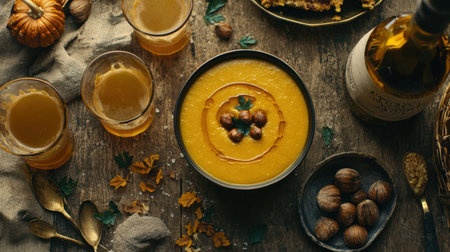 This vibrant autumn-inspired flatlay features creamy pumpkin soup garnished with nuts, accompanied by refreshing beverages, creating a cozy meal setting.の素材