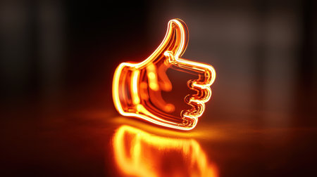 A vibrant orange neon thumb up icon glowing against a dark background, representing positivity, support, and affirmation in modern communication.の素材