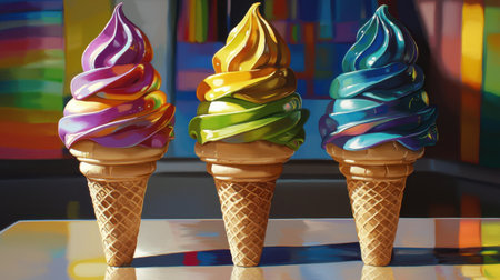 This captivating image showcases three vibrant soft serve ice cream cones, each featuring a unique swirl of color, perfect for enhancing any dessert-themed project.の素材