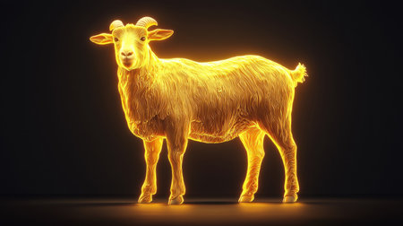 This striking image features a neon-glowing goat sculpture against a dark backdrop, showcasing artistic creativity and modern design aesthetics. Perfect for various creative projects.の素材