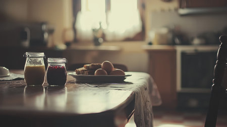 A cozy kitchen scene featuring a wooden table set for breakfast. Jars of jam and fresh eggs create a warm and inviting atmosphere perfect for morning gatherings.の素材