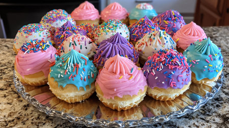 A vibrant display of colorful cupcakes topped with swirls of frosting and sprinkles on a shiny silver platter. Perfect for any celebration or special occasion.の素材