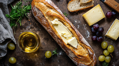 A delicious selection of freshly baked artisan bread topped with creamy butter, paired with cheese, grapes, and a drizzle of olive oil on a rustic wooden table.の素材