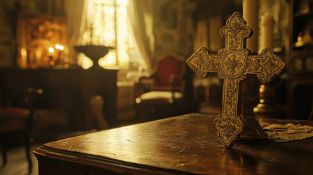 This image features an ornate cross placed on a wooden table in an inviting vintage interior, illuminated by soft golden light, evoking a sense of serenity and spirituality.の素材