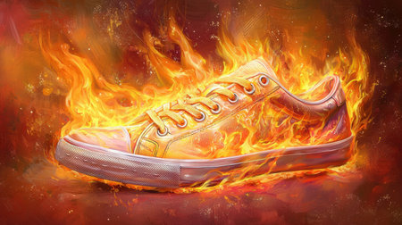 A vivid illustration of a colorful sneaker engulfed in flames showcases energy and movement. This artwork captures passion and creativity in modern fashion.の素材