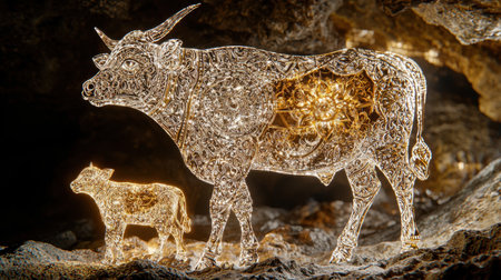A mesmerizing sculpture of a cow and calf crafted from translucent crystal, radiating soft light in a dark cave setting, showcasing intricate details and textures.の素材
