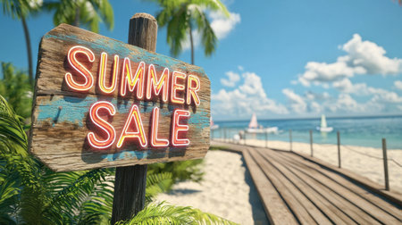 A colorful summer sale sign stands prominently on a wooden path leading to a beautiful beach scene with palm trees and clear skies.の素材