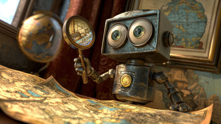 This charming image depicts a curious robot examining vintage maps with a magnifying glass in a cozy study filled with antique artifacts. Perfect for themes of exploration and adventure.の素材