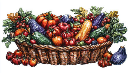 A beautifully detailed illustration of a harvest basket overflowing with fresh vegetables and fruits, showcasing vibrant colors and rustic charm, perfect for seasonal themes.の素材