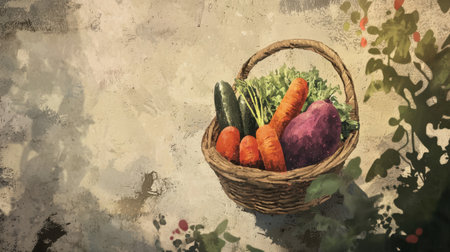 A beautifully arranged basket filled with fresh vegetables like carrots, cucumber, and sweet potato, set against a textured rustic background, capturing the essence of healthy eating.の素材
