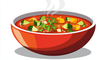 This vibrant vegetable soup in a red bowl showcases an assortment of fresh ingredients. Its steaming aroma and colorful presentation invite a wholesome and comforting meal.の素材
