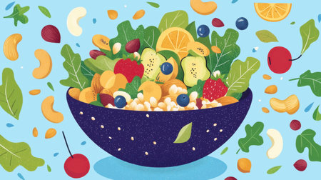 A vibrant salad bowl filled with a delightful mix of fresh fruits, nuts, and leafy greens on a light blue background, perfect for promoting healthy eating.の素材