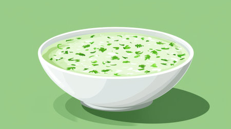 A vibrant bowl of creamy green soup garnished with fresh herbs, perfect for showcasing healthy, homemade dishes in food photography.の素材