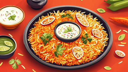 A vibrant plate of biryani showcases colorful rice garnished with herbs and served with fresh side dishes. Ideal for food enthusiasts and culinary fans.の素材