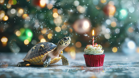 Cute turtle carrying a cupcake with a candle, festive celebration scene, funny animal greeting card for birthday or New Year's Eve.の素材