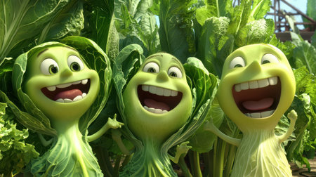 Happy animated vegetables, personified lettuce, radish, and cabbage with exaggerated expressions.の素材