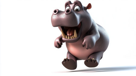 Chubby cartoon hippo in motion, running with a determined face, exaggerated legs and arms, playful and energetic, isolated on white.の素材
