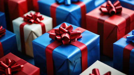 A vibrant assortment of wrapped gift boxes in blue and red, adorned with shiny bows, creates a festive atmosphere perfect for celebrations and special occasions.の素材