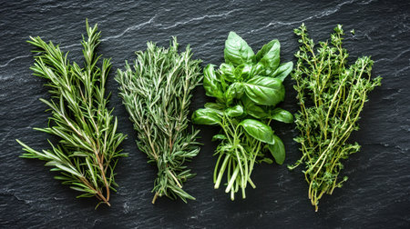 A beautiful arrangement of fresh culinary herbs including rosemary, thyme, basil, and oregano set on a slate background. Ideal for cooking and seasoning, these vibrant herbs bring natural flavor and freshness to any dish. Perfect for culinary inspiration, recipes, and healthy cooking.の素材