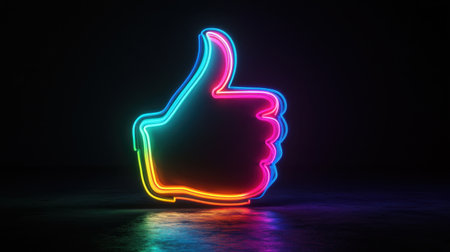 This vibrant neon thumb up sign in a dark background evokes a sense of positivity and social media engagement, ideal for modern design themes.の素材