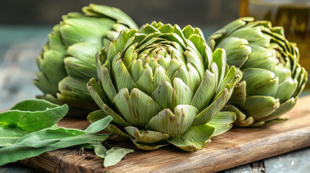 This image showcases fresh, vibrant artichokes on a rustic wooden cutting board, ideal for cooking. Enhance your culinary creations with these natural ingredients.の素材